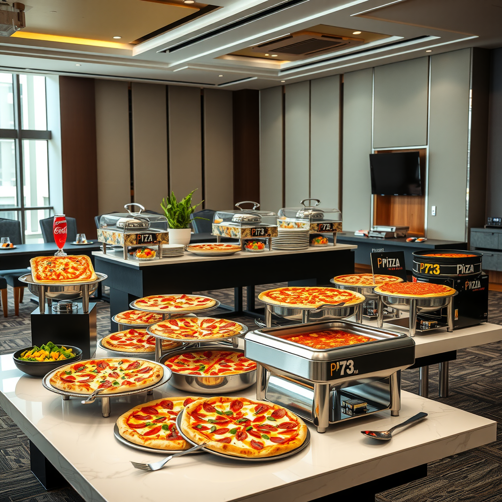 Professionally arranged Pizza 73 corporate catering display in modern conference room with multiple pizza varieties, salad stations, beverage service, and branded serving equipment on elegant buffet tables