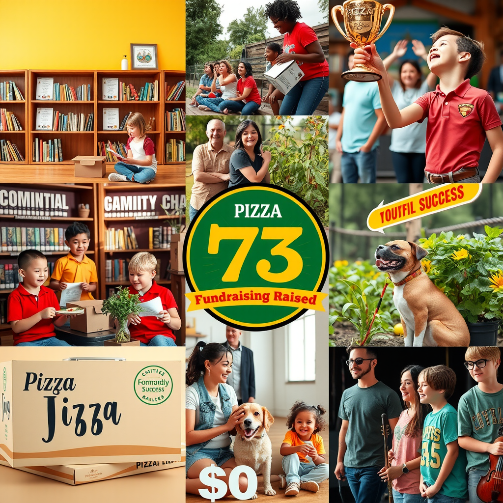 Inspiring collage showing the positive impact of Pizza 73 fundraising across communities: new school library with happy students reading, sports team celebrating championship with trophy, community garden with volunteers, animal shelter with adopted pets and families, youth music program with instruments, all connected by Pizza 73 boxes and fundraising success banners showing dollar amounts raised