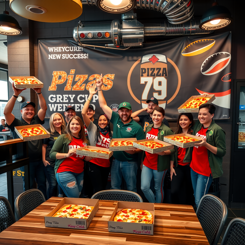 Large group of Pizza 73 employees celebrating together in restaurant, holding up pizza boxes and cheering, with Grey Cup weekend success banner in background