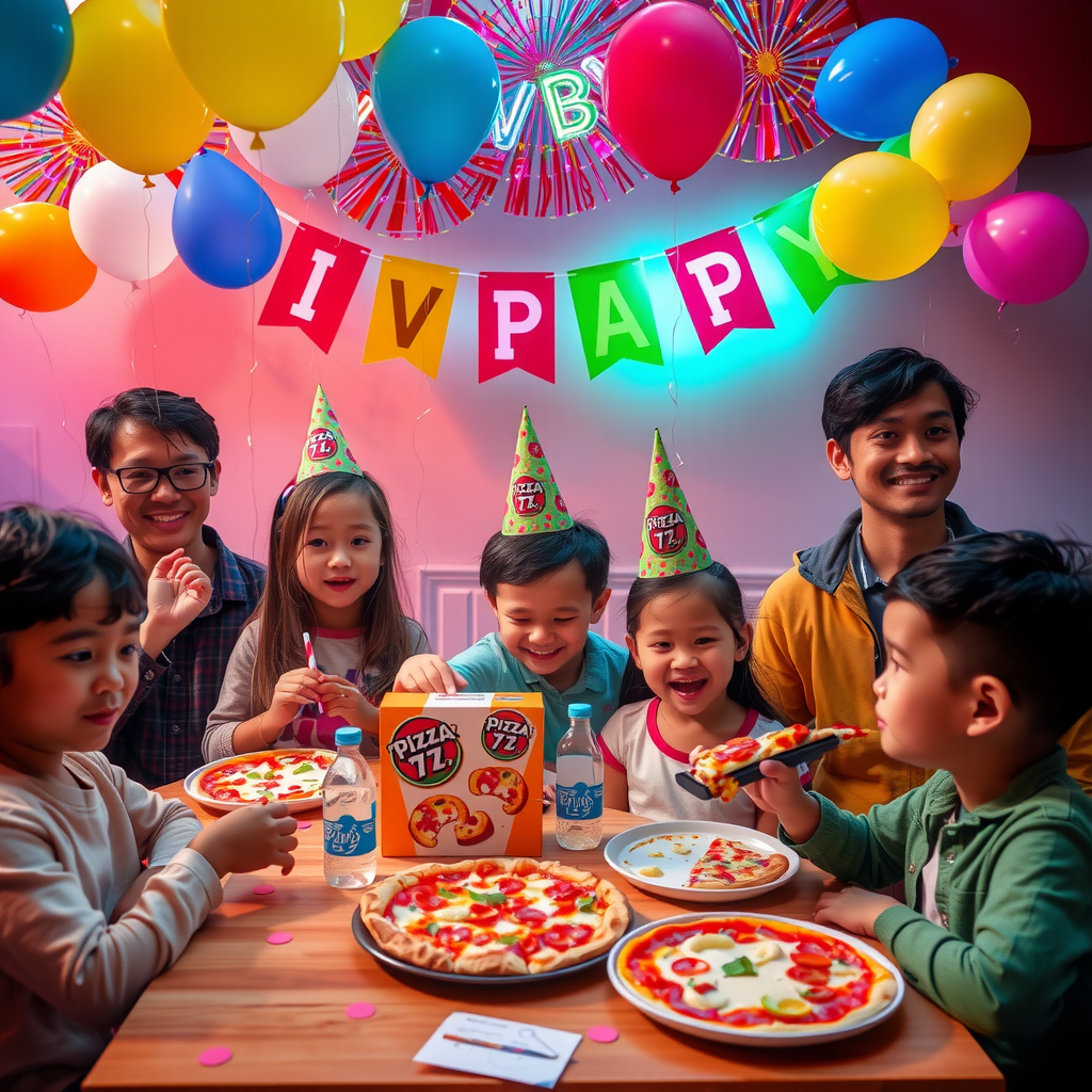 Birthday party celebration with children and adults enjoying pizza 73 party packages, colorful decorations, balloons, and festive neon lighting creating joyful atmosphere