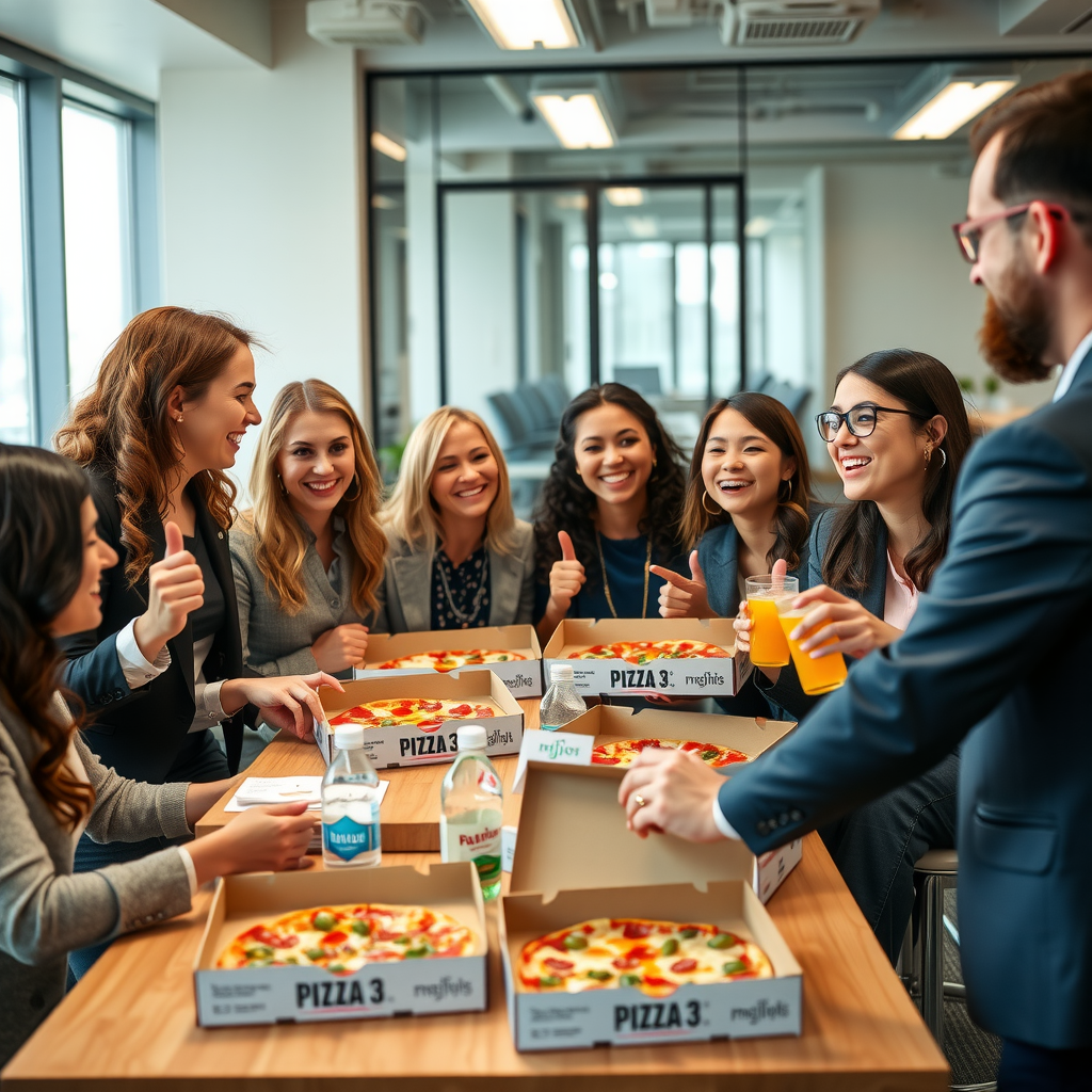 Happy diverse group of business professionals from different departments sharing Pizza 73 lunch in modern office break room, laughing and collaborating over pizza boxes and beverages