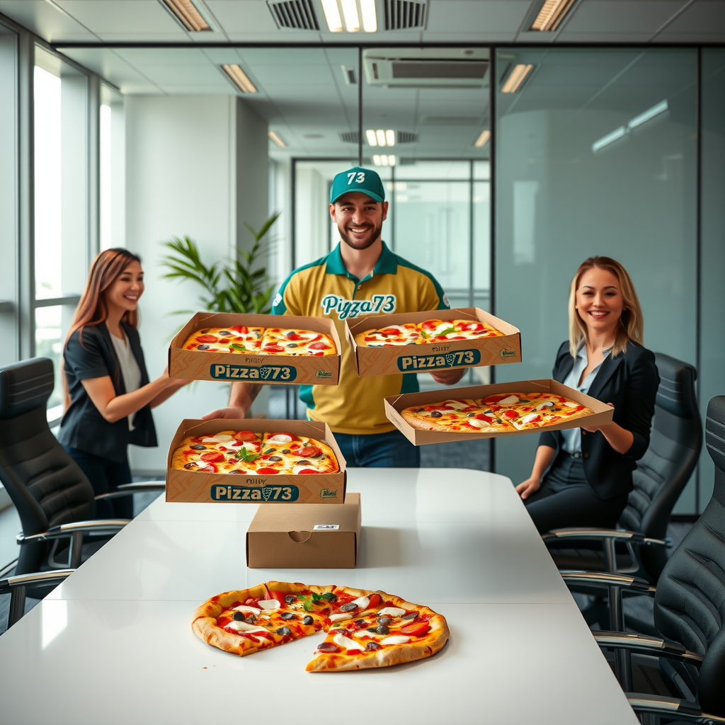 Modern office setting with Pizza 73 delivery person bringing multiple pizza orders to a corporate meeting room, business professionals enjoying lunch, showing professional corporate catering service
