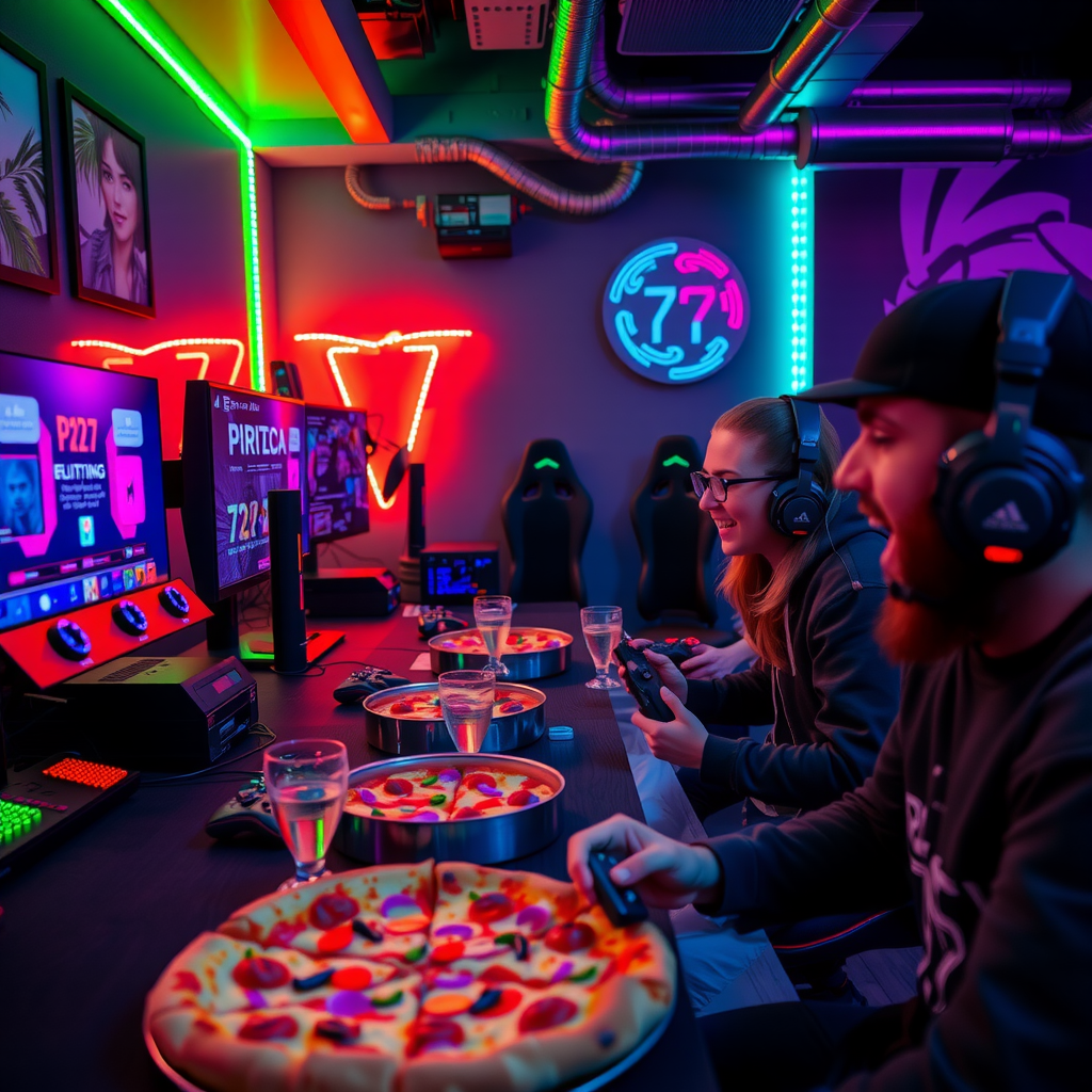 Gaming session with friends playing video games while enjoying pizza 73 party packages, gaming setup with multiple screens, controllers, and vibrant neon RGB lighting