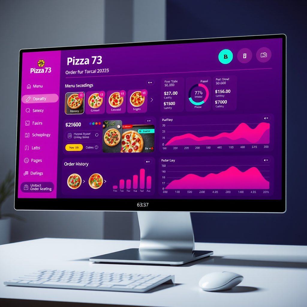 Modern computer screen displaying Pizza 73 corporate ordering portal dashboard with menu selections, delivery scheduling calendar, budget tracking graphs, and order history in sleek purple and pink interface